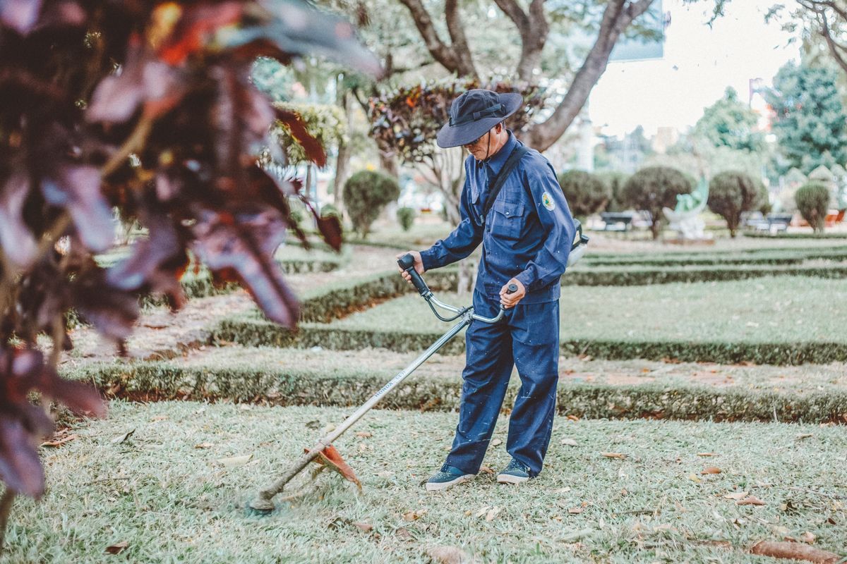 Landscaper clearing leaves and debris from a yard